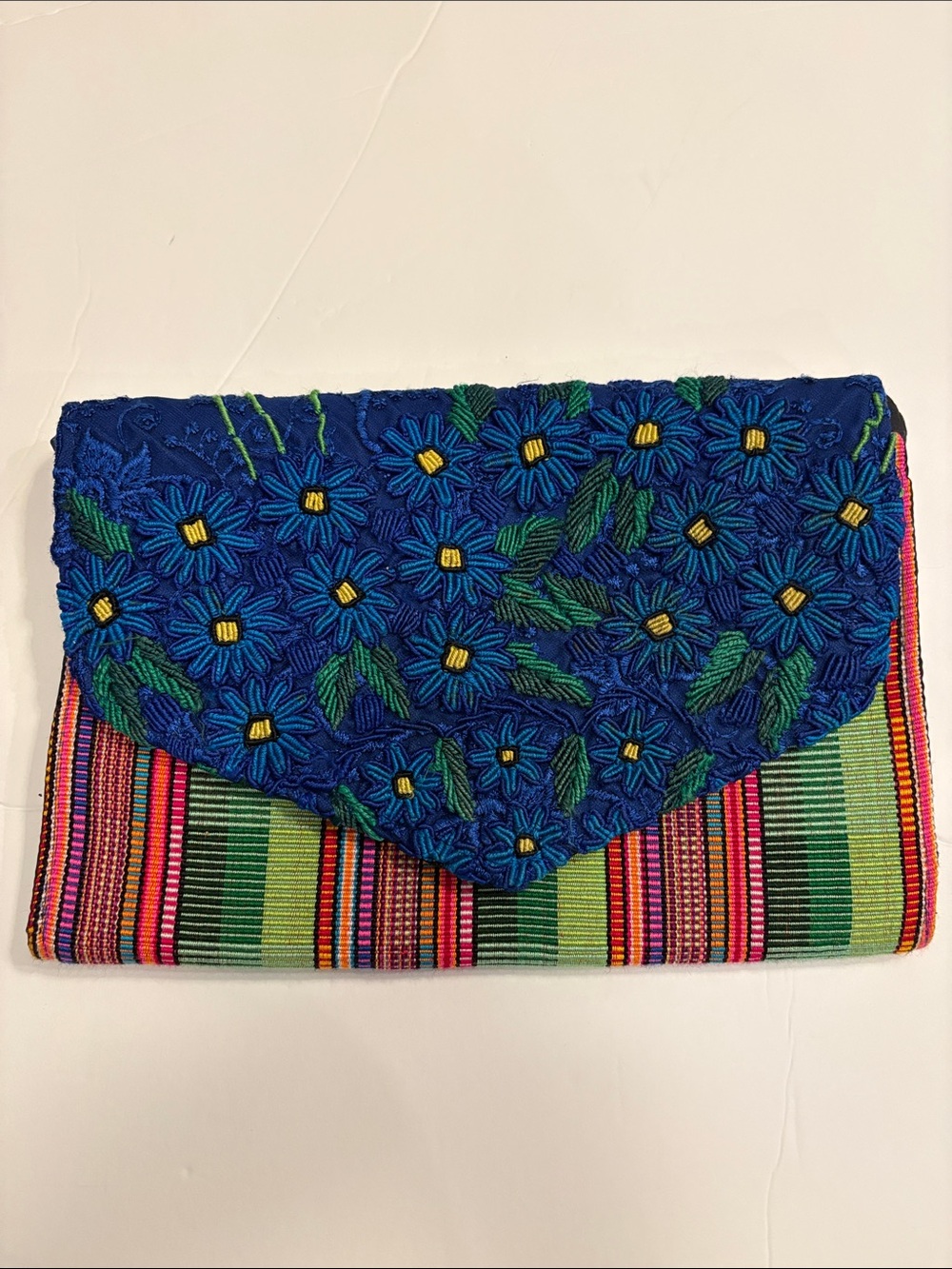 Embroidered Blue Floral Multicolor Striped Women’s Clutch Purse Crossbody 8x11